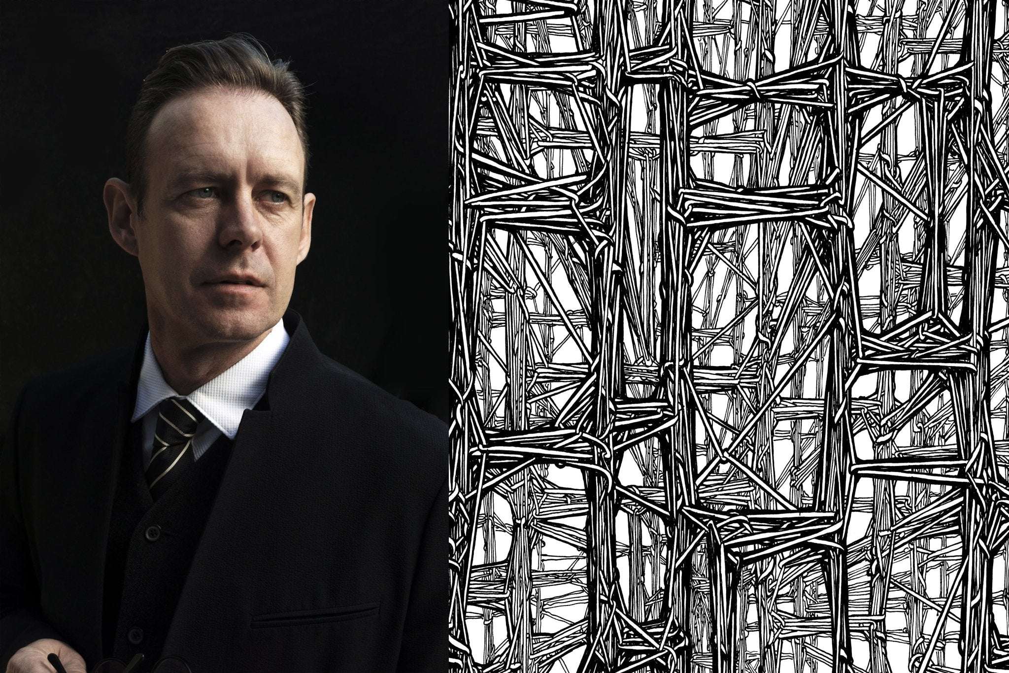 Portrait of architect Dwayne Oyler beside an intricate black and white architectural line drawing by him.