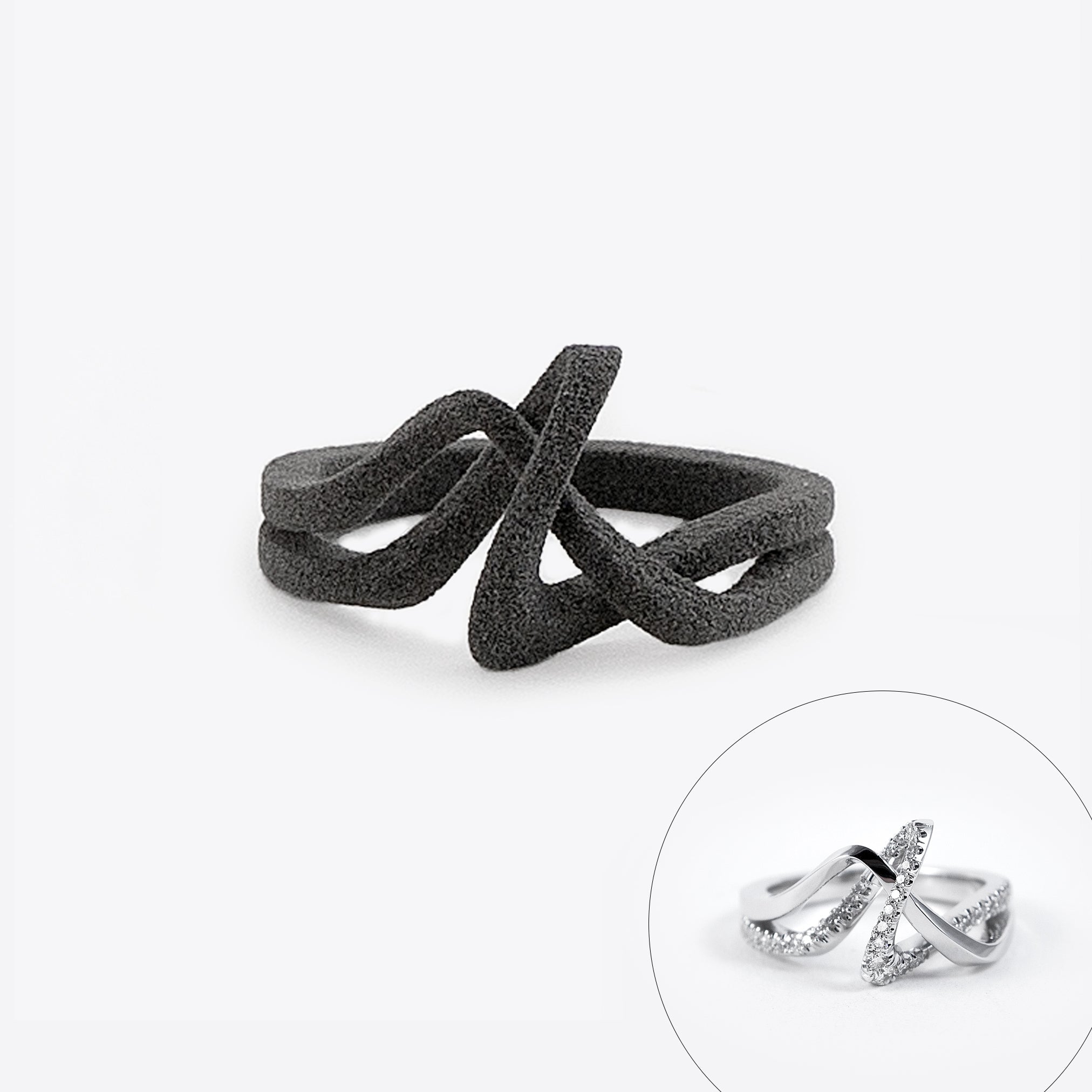 Engagement Ring Samples Set with black nylon sample ring and inset of metallic designer ring with diamonds