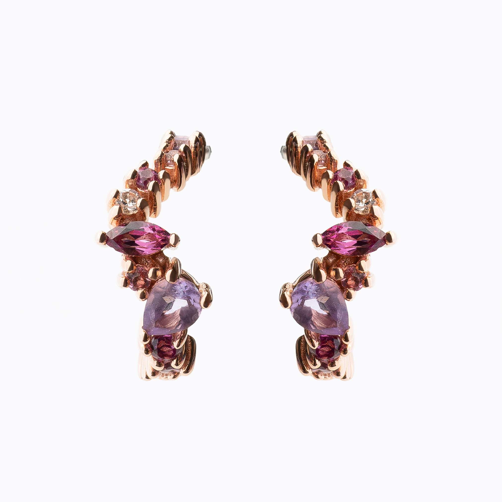 Leda Earrings 18K Rose Gold Vermeil with amethyst, rhodolite, pink tourmaline, and white topaz gemstones in a delicate, healing-inspired hoop design