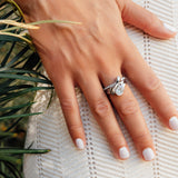 Hand wearing engagement ring from the Engagement Ring Samples Set on white lace fabric background