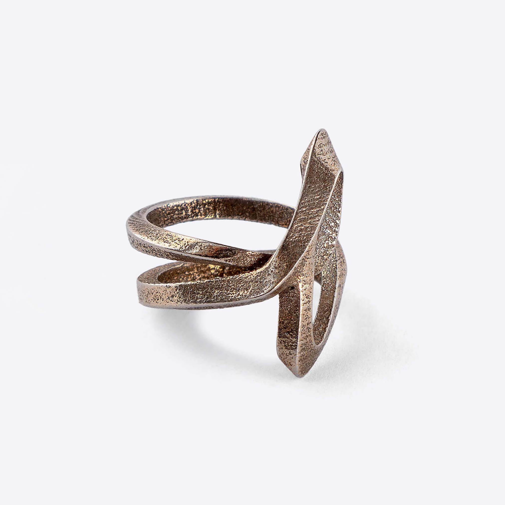 L Steel Ring with twisted lines design in textured bronze finish