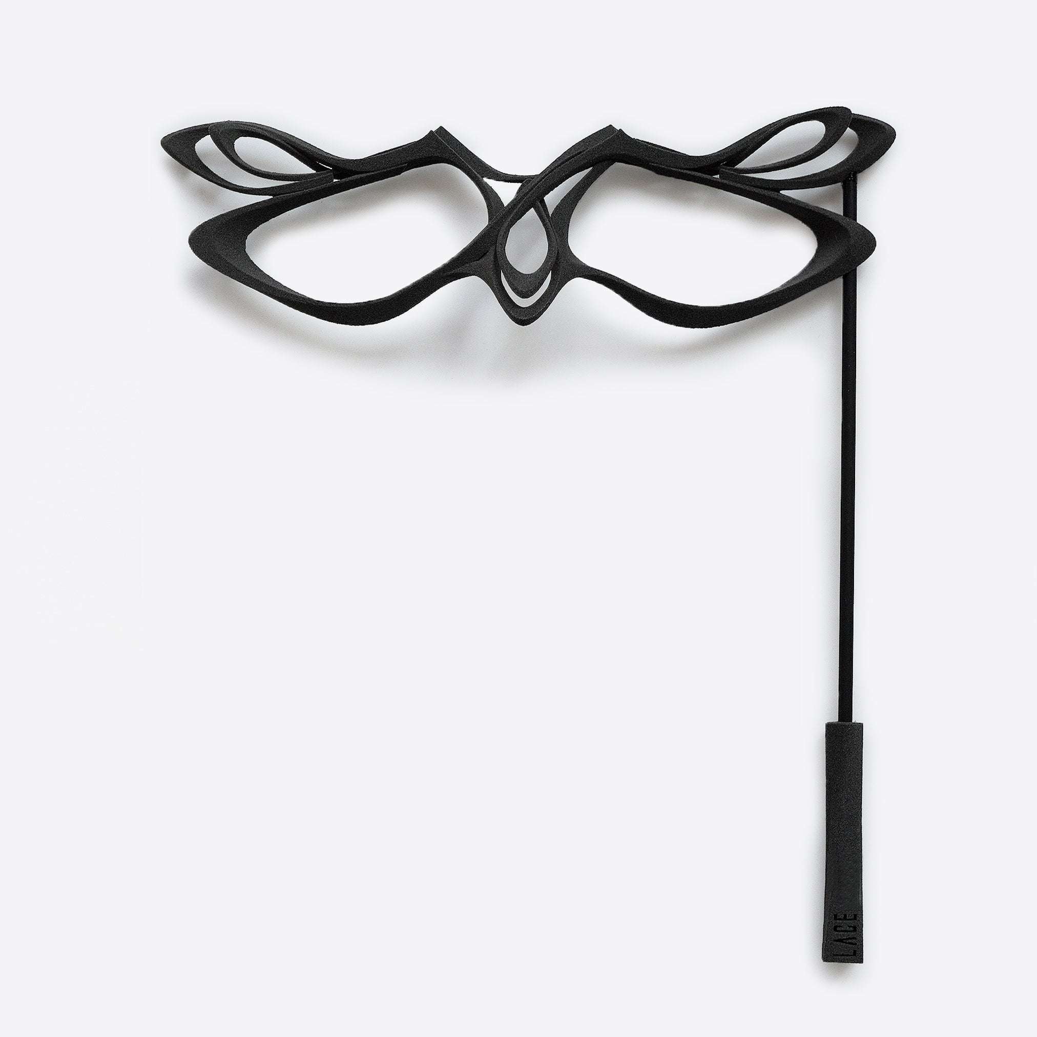 LACE's exquisite 3D-printed gray nylon masquerade mask with intricate linework and precision edge detailing on stick handle
