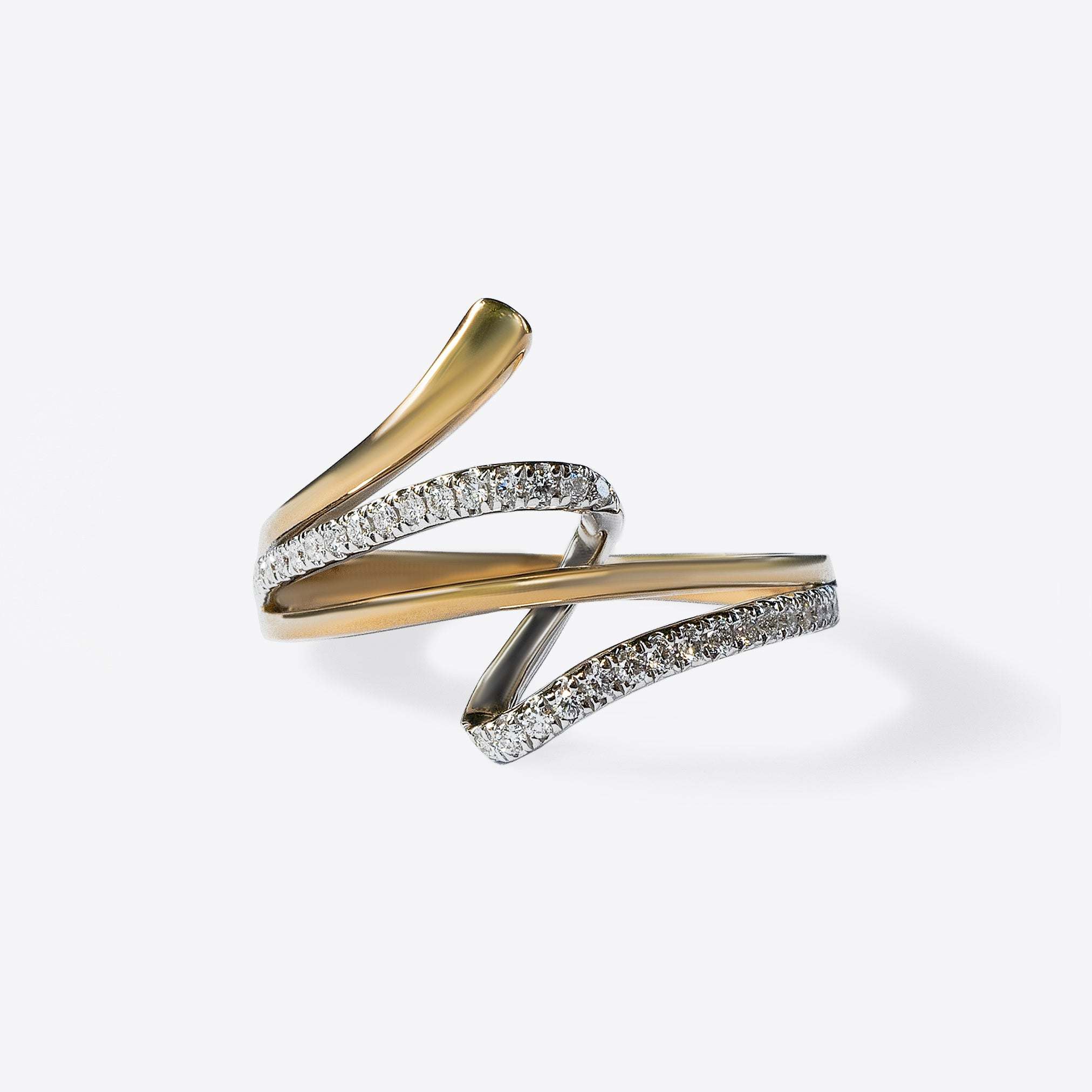 Vina Diamond Ring in 14K yellow and white gold with pave diamonds, unique twisted design