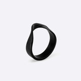 Amos Stainless Steel Ring black twisted band with precision edge detailing on white background