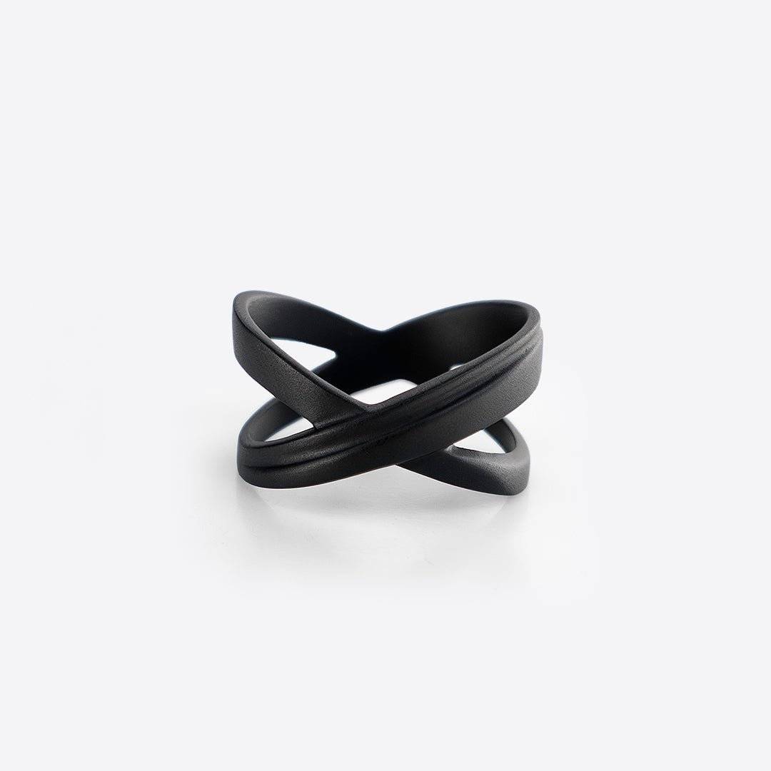 Black Stainless Steel X ring with precision edge detailing and crossing tapering lines design