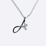 Sterling silver initials pendant necklace with scripted letter A on 16-inch chain