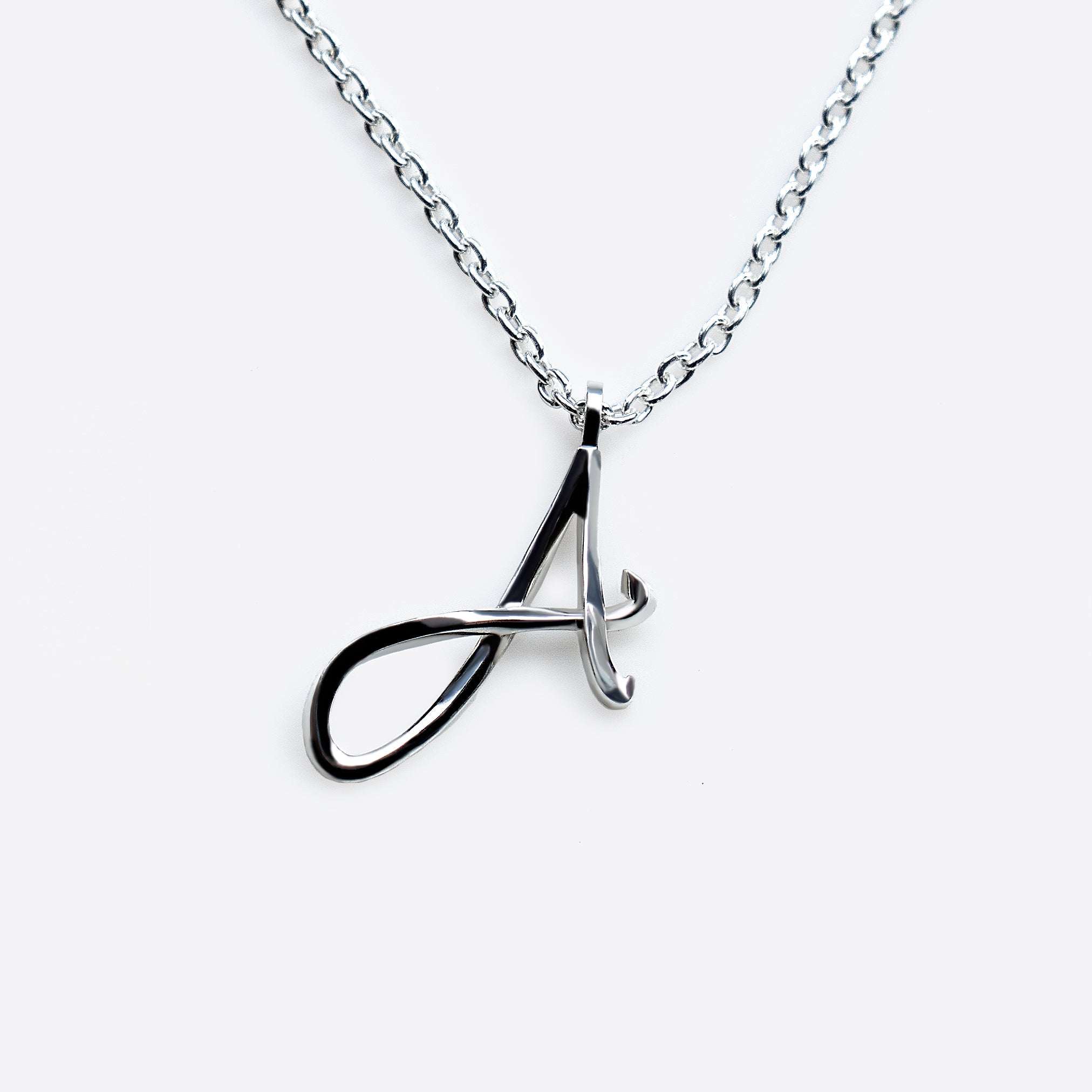 Sterling silver initials pendant necklace with scripted letter A on 16-inch chain