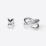 Sterling silver X Ring and Ear Cuff set with intersecting lines design on white background
