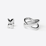 Sterling silver X Ring and Ear Cuff set with intersecting lines design on white background