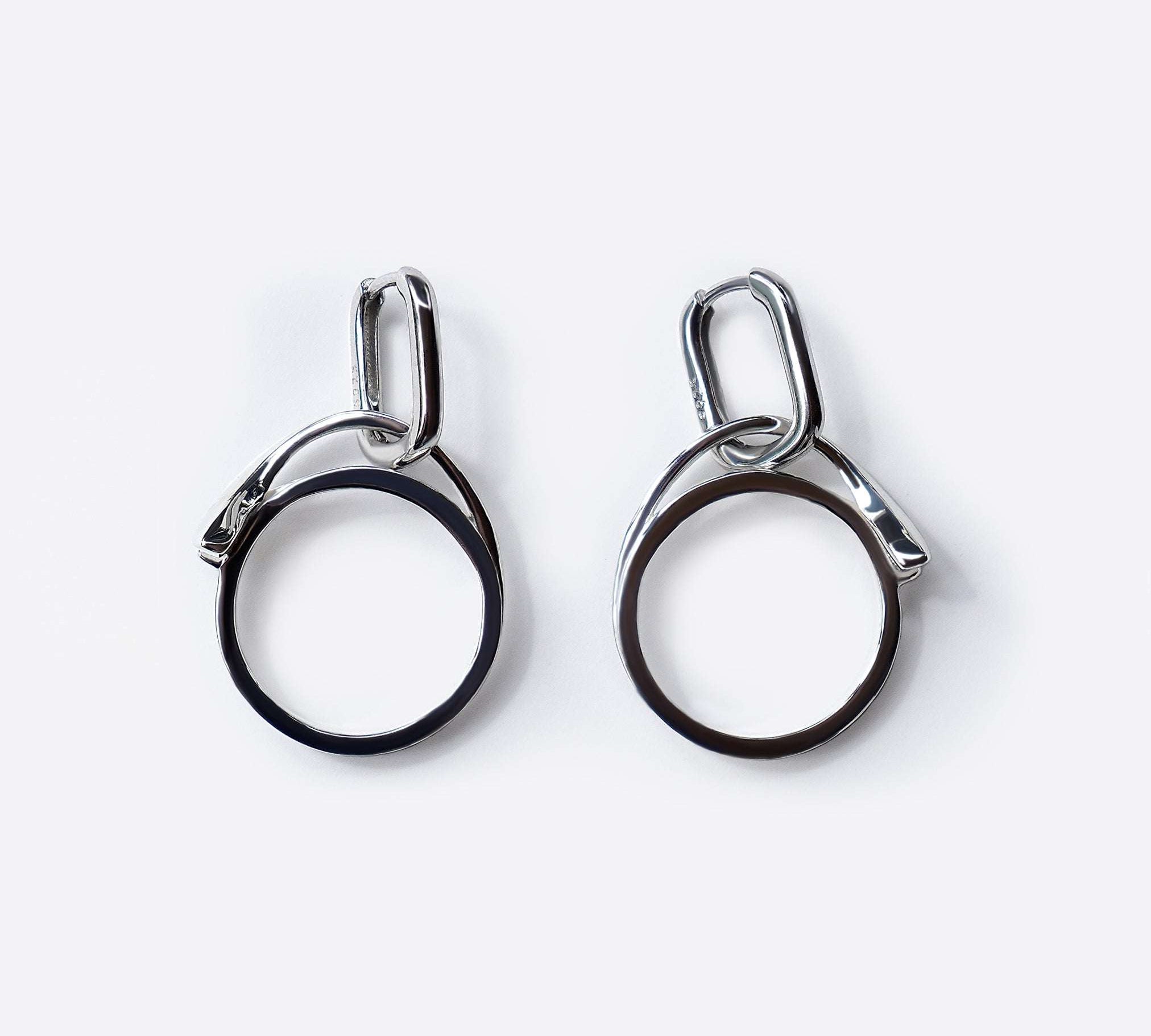 Sterling silver Halo earrings with circular hoop charms and detachable top link design