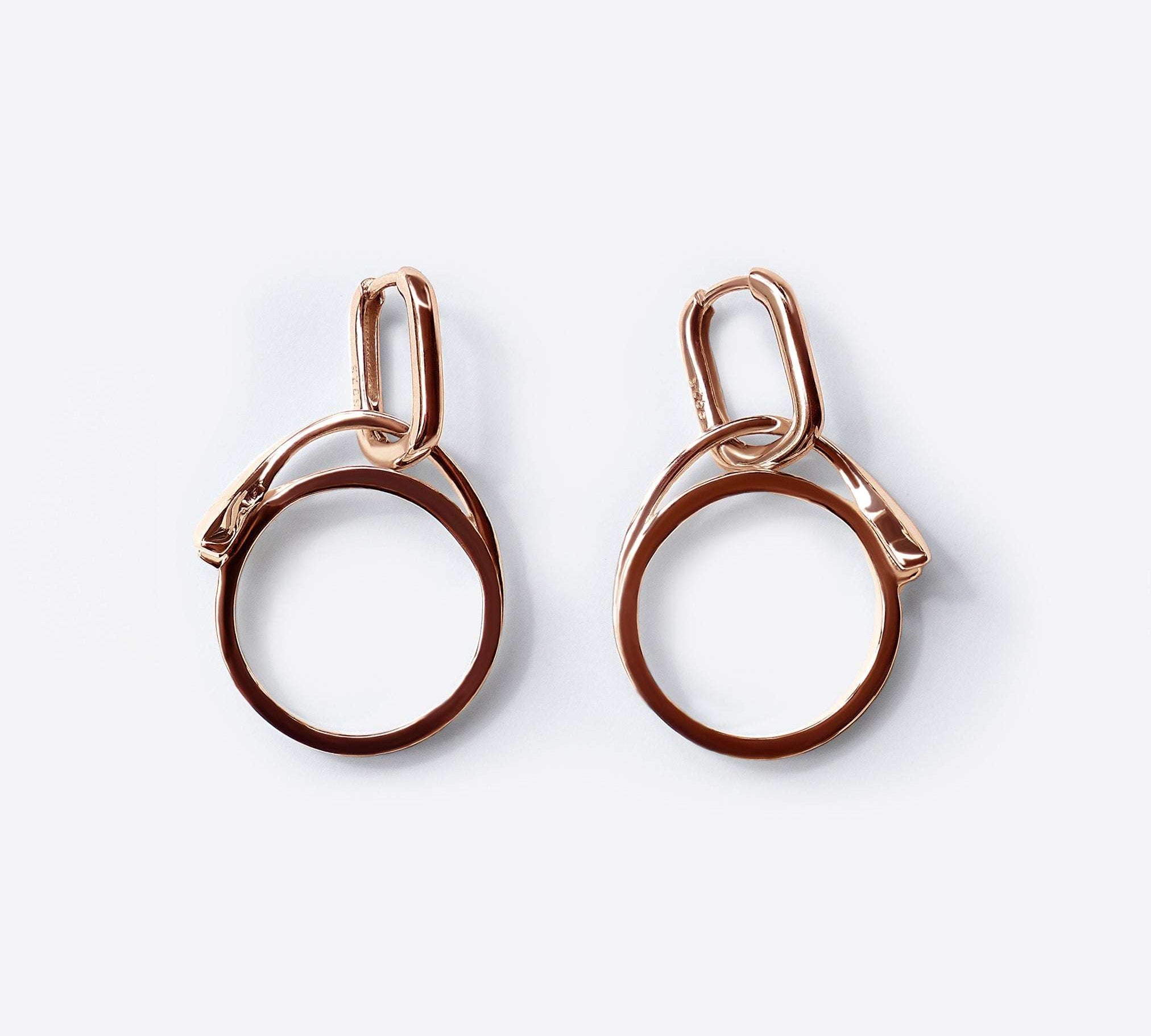 18K rose gold Halo earrings with circular dangling charm and detachable top link on white background