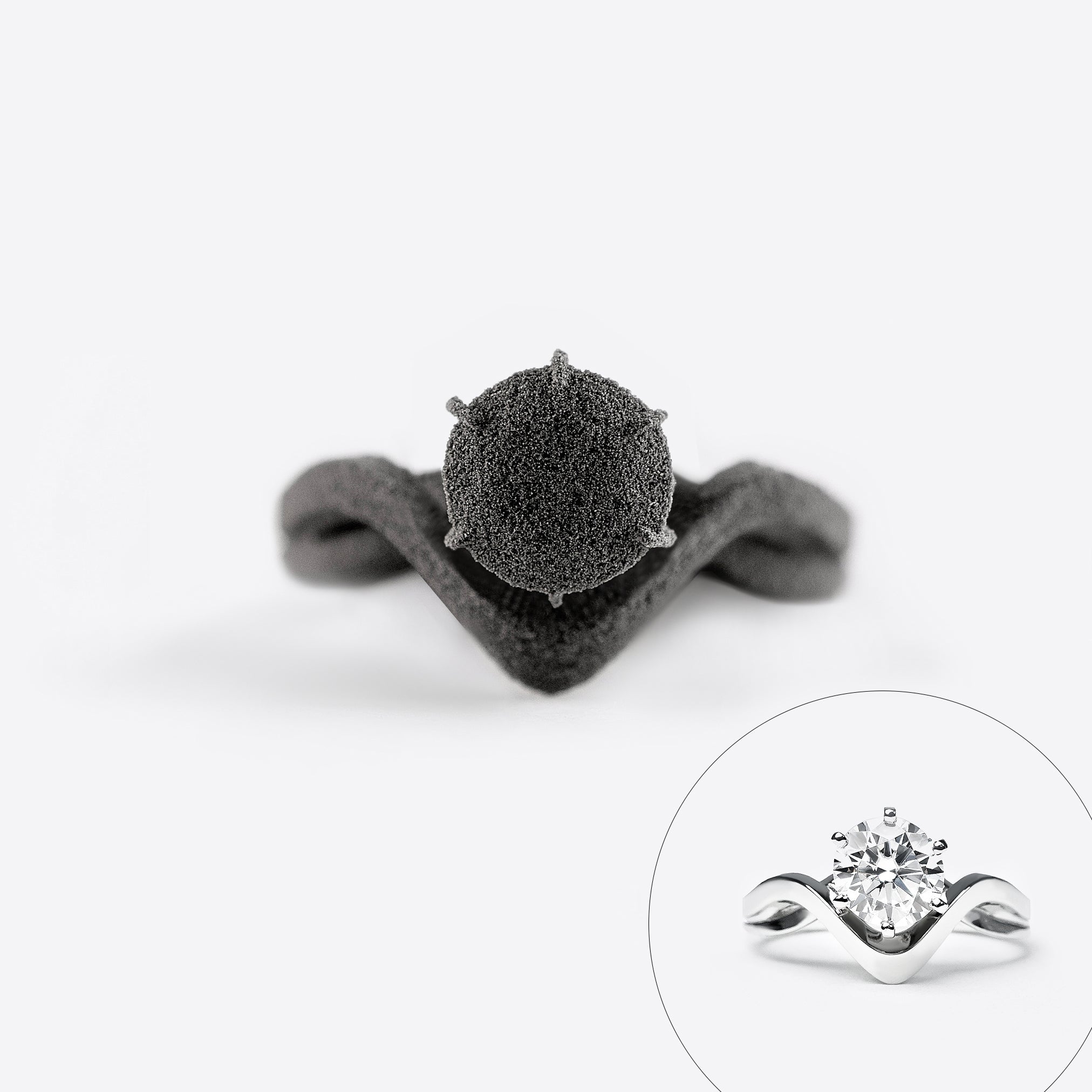 Close-up of a black nylon engagement ring sample from the Engagement Ring Samples Set showing detailed design and shape with an inset of the matching silver designer ring with diamond.