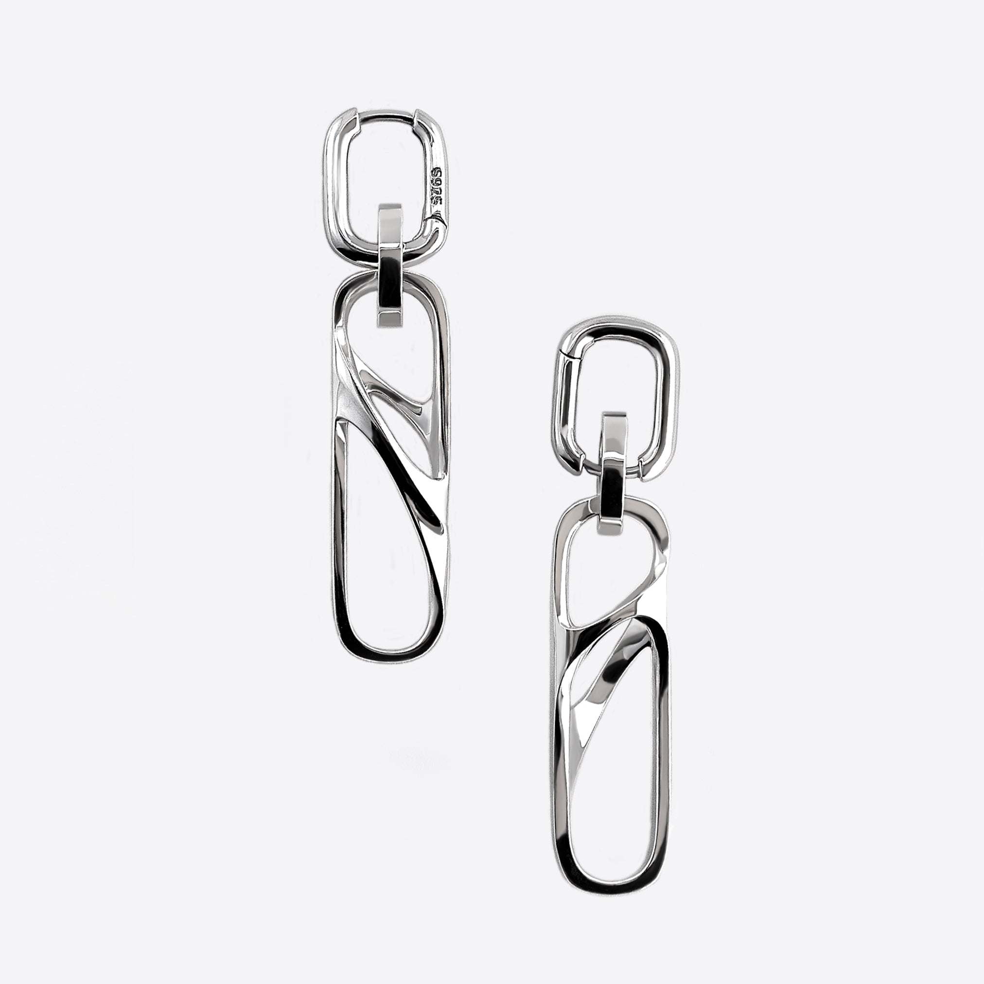 Sterling silver dangle earrings with three connected twisted square links, modern elegant design