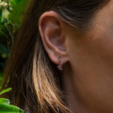 Close-up of ear wearing Leda Earrings with lilac and pink gemstones in 18K rose gold vermeil hoop design