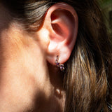 Close-up of ear wearing Leda Earrings with amethyst, rhodolite, pink tourmaline, and white topaz gemstones in 18K rose gold vermeil hoops