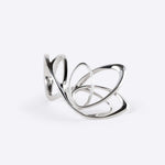 Sterling silver Papilio ring with four elliptical petal shapes and intricate edge detailing
