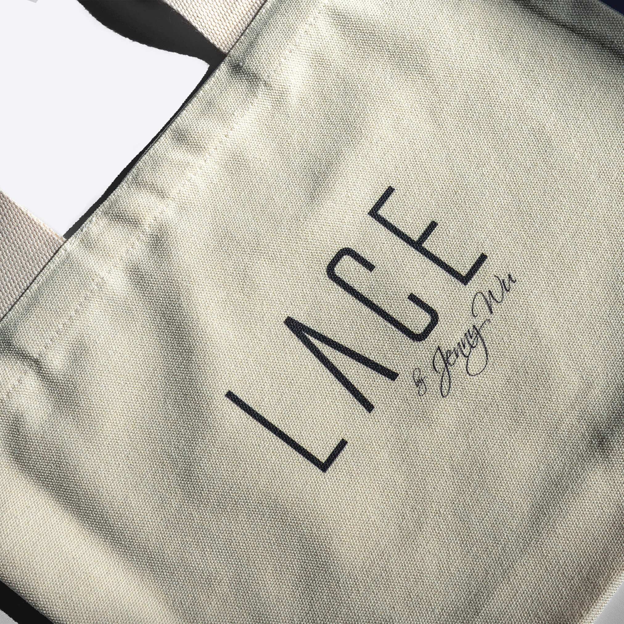 Beige LACE Tote Bag made of durable 100% cotton canvas with sturdy wide-strap handles, perfect for everyday use.