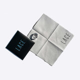 Jewelry polishing cloth made of soft microfiber with LACE branding and black box packaging