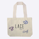 LACE tote bag with violet and purple LACE Heat-Press Stickers featuring custom letters and signature patterns