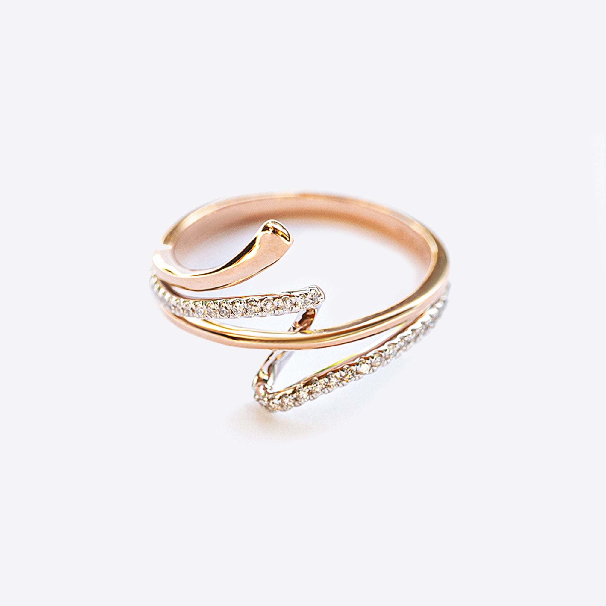 Vina Diamond Ring in 14K rose and white gold with pave diamonds, elegant twisted design.