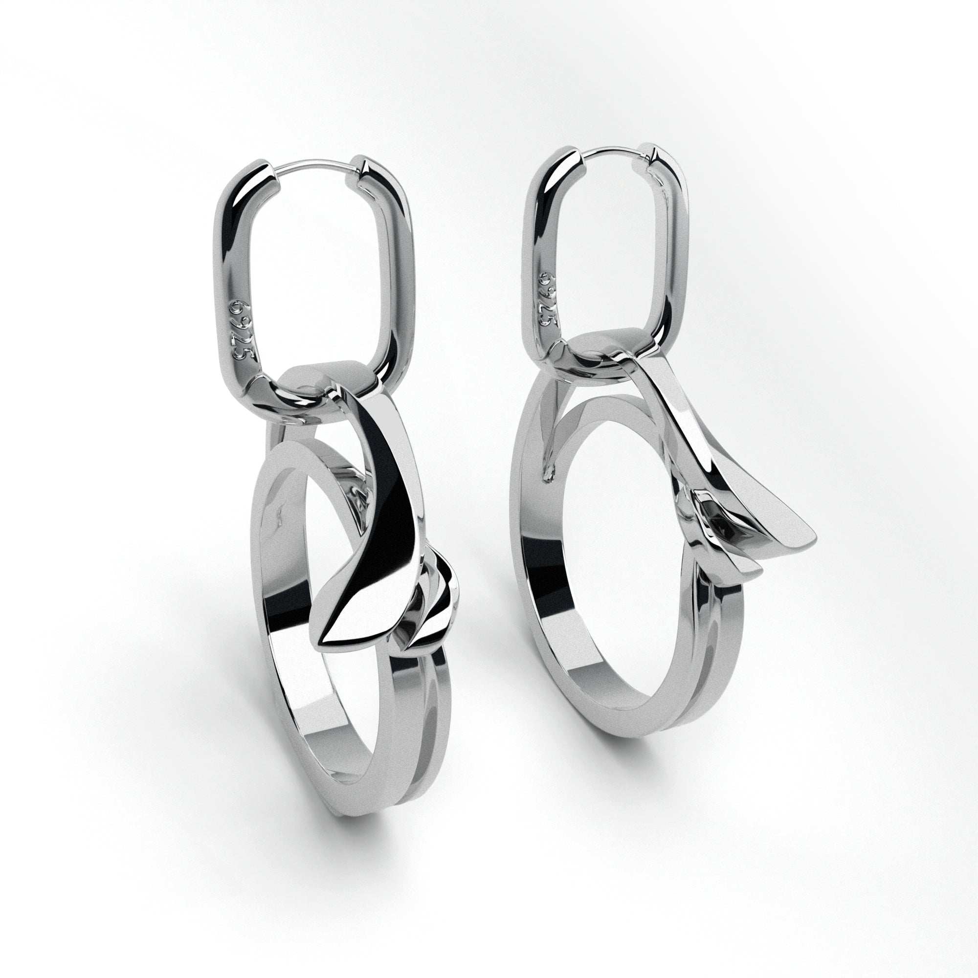 Sterling silver Halo earrings with detachable dangly hoop charms and modern sculpted design
