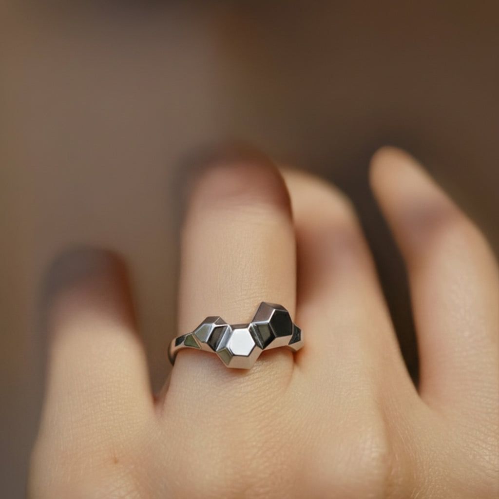 Hexa Ring Top sterling silver hexagonal sculptural ring on finger