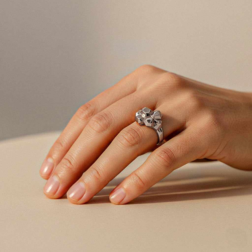 hand wearing Hexa Rings Set in sterling silver with hexagonal geometric design