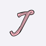 Pink decorative letter J LACE heat-press sticker with black outline and striped design