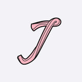 Pink decorative letter J LACE heat-press sticker with black outline and striped design