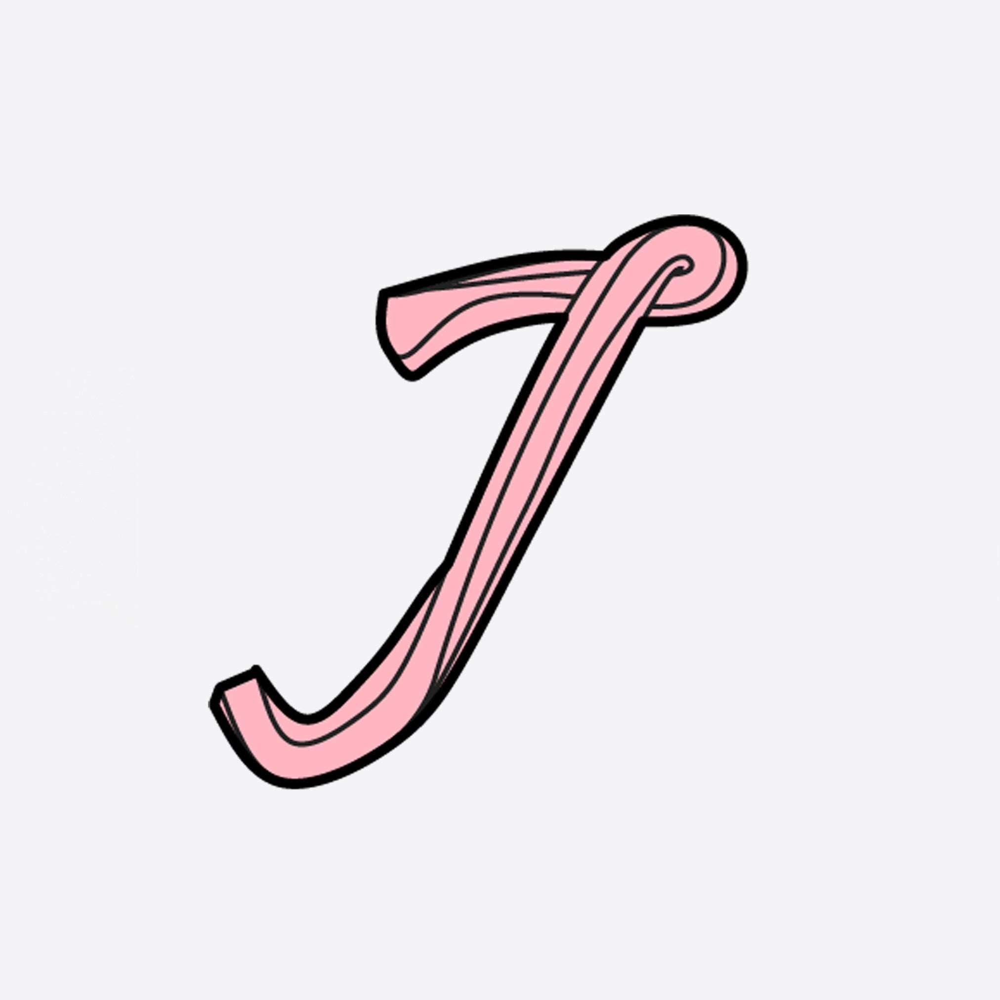 Pink decorative letter J LACE heat-press sticker with black outline and striped design