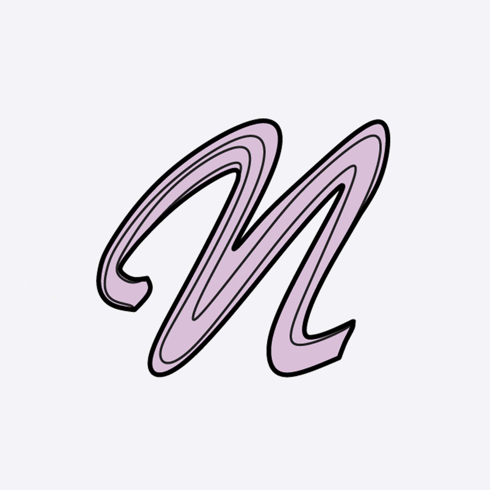 LACE Heat-Press Sticker letter M in violet purple color with black outline, 2.75 x 2 inch iron-on design