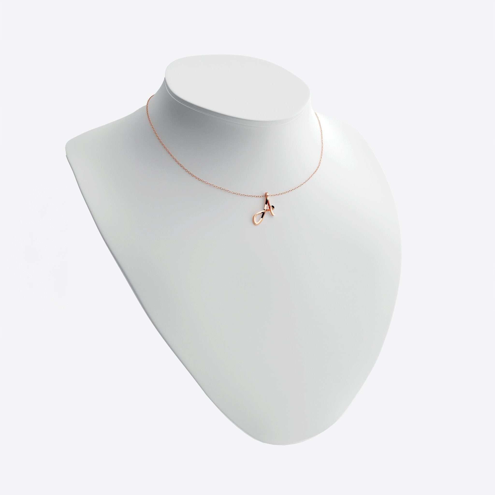 14K rose gold initials pendant necklace on white display bust