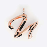Rose gold initials pendant with smooth, sculpted script design on 16-inch chain