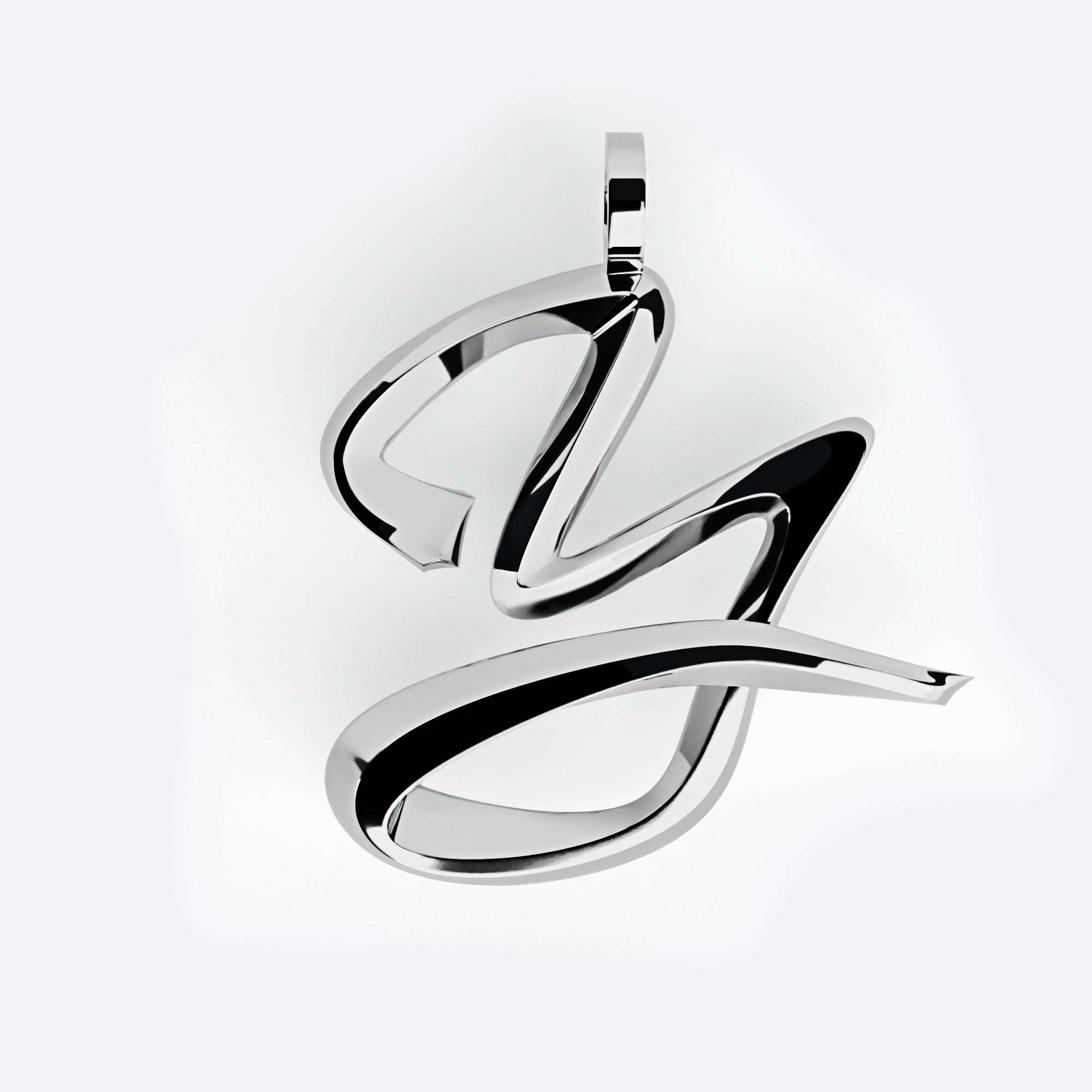 Sterling silver 3D script initials pendant with polished finish and delicate edge detailing