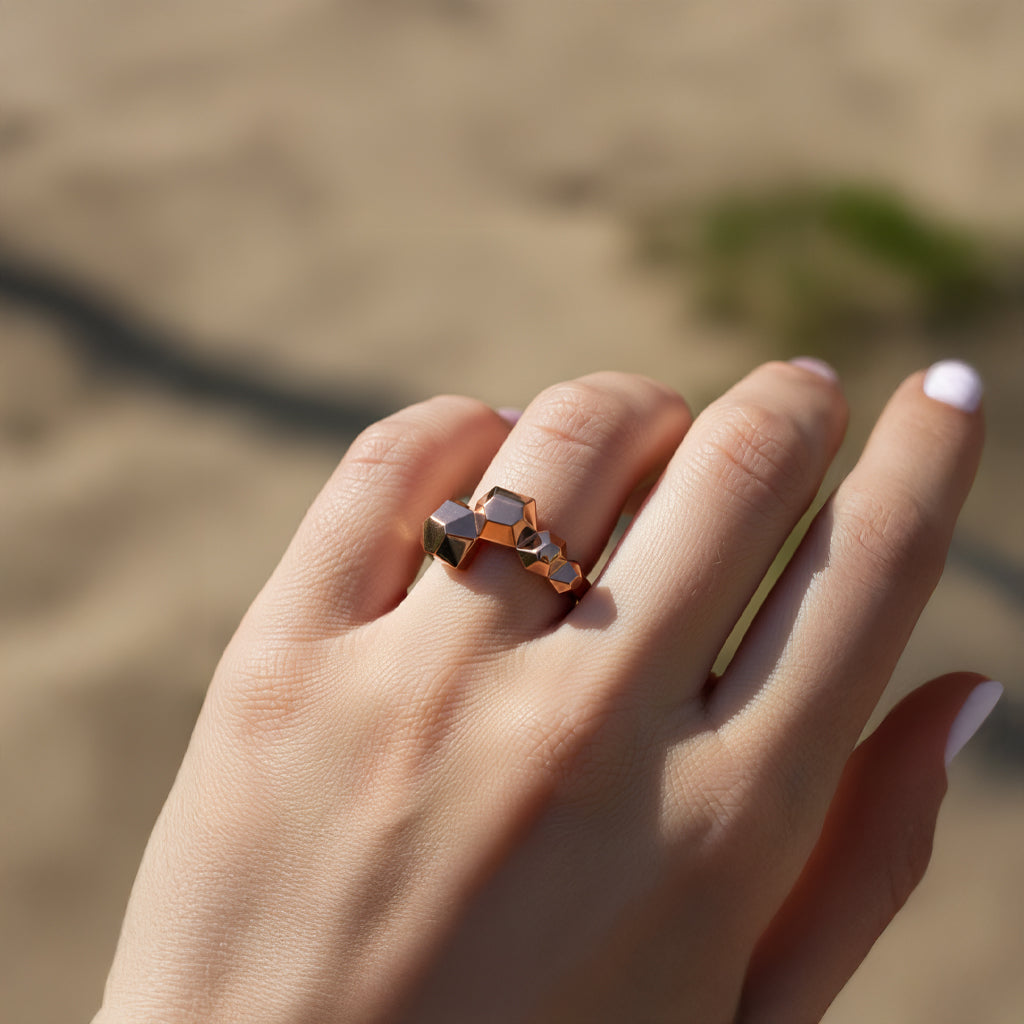 Hexa Ring- Base geometric sterling silver ring on hand with polished hexagonal facets