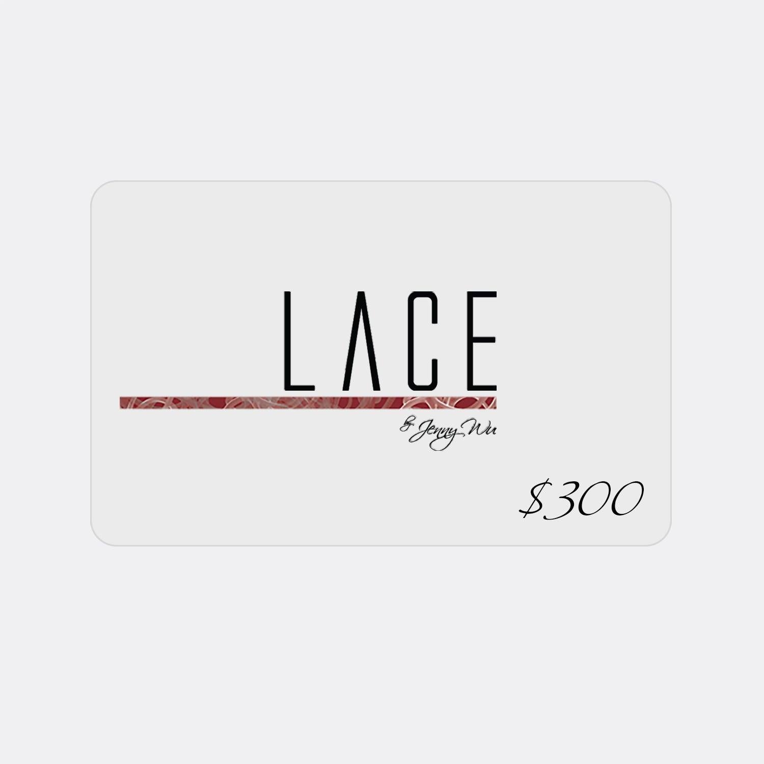 LACE by Jenny Wu $300 gift card with floral design stripe on white background