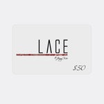 LACE by Jenny Wu $50 gift card with brand logo and value on white background