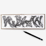 Open LACE sketchbook with abstract black ink architectural drawing and black pen on white heavyweight paper