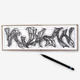 Open LACE sketchbook with abstract black ink architectural drawing and black pen on white heavyweight paper