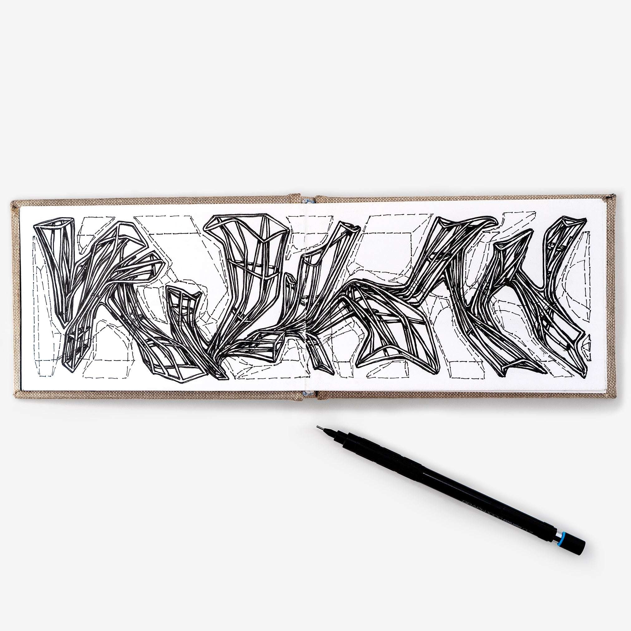 Open LACE sketchbook with abstract black ink architectural drawing and black pen on white heavyweight paper