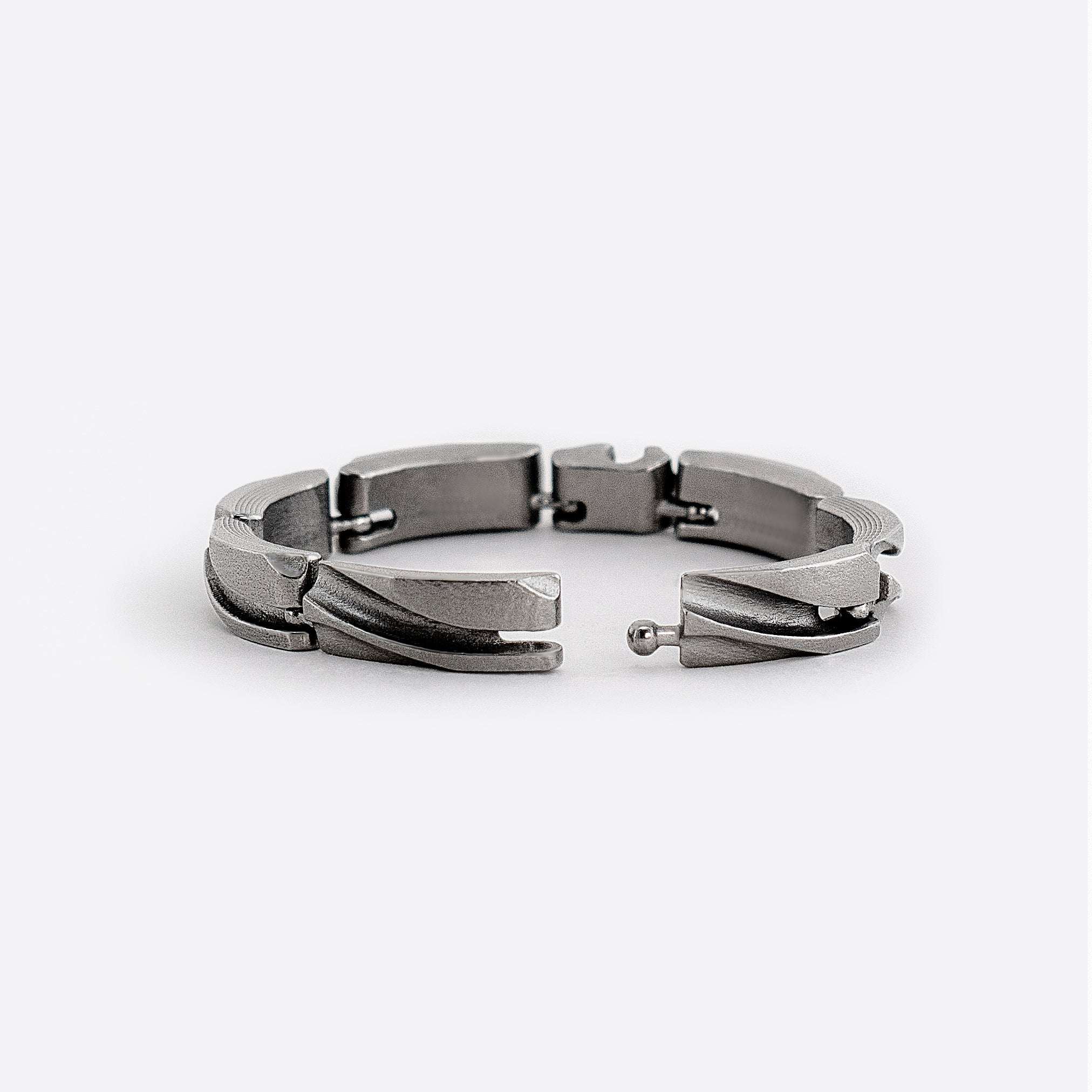 Modern link bracelet with ball joint connections in matte stainless steel, adjustable unisex design