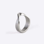 Amos Stainless Steel Ring with twisted band and precision edge detailing on white background