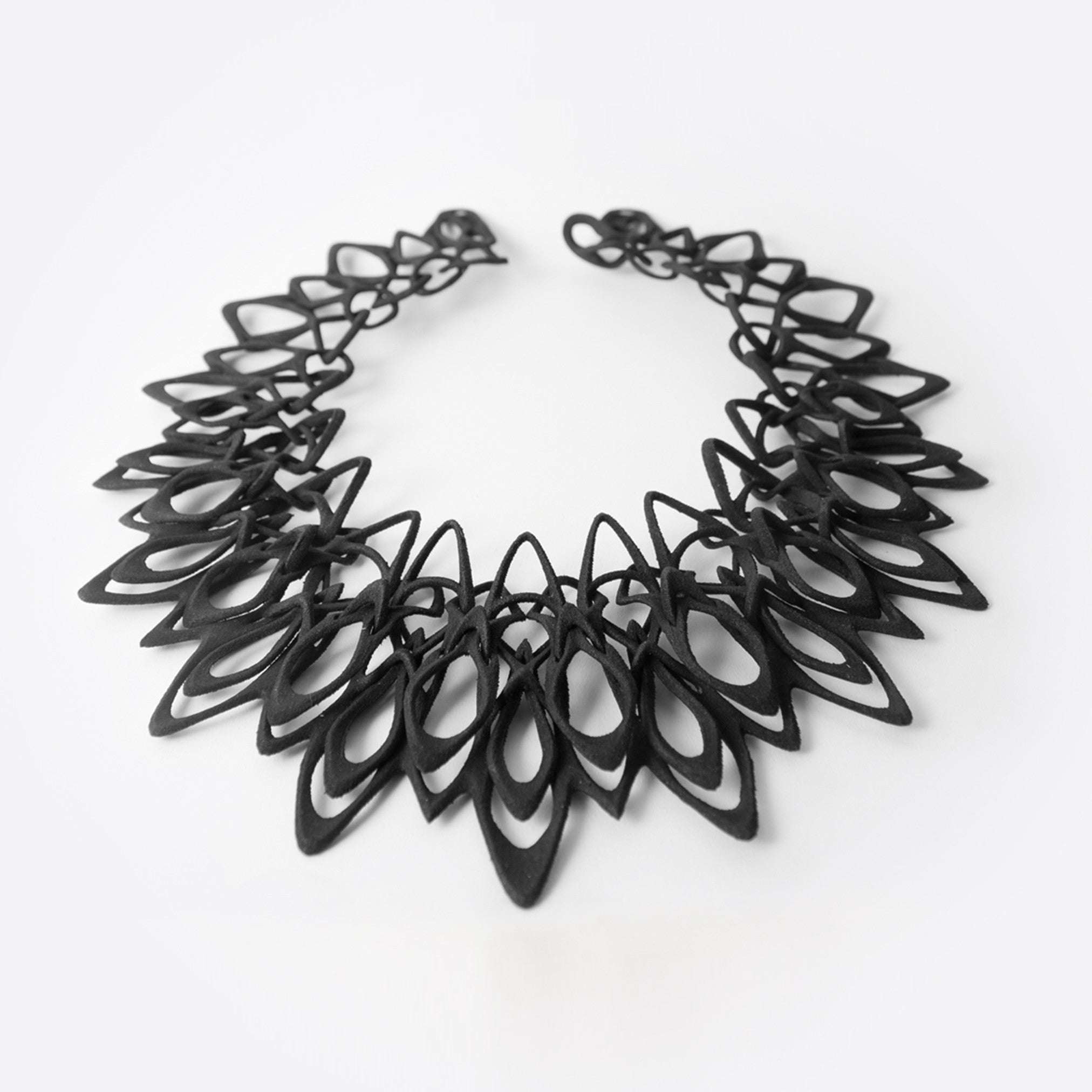 Stria Necklace black 3D printed TPU elliptical petal design flexible polymer jewelry