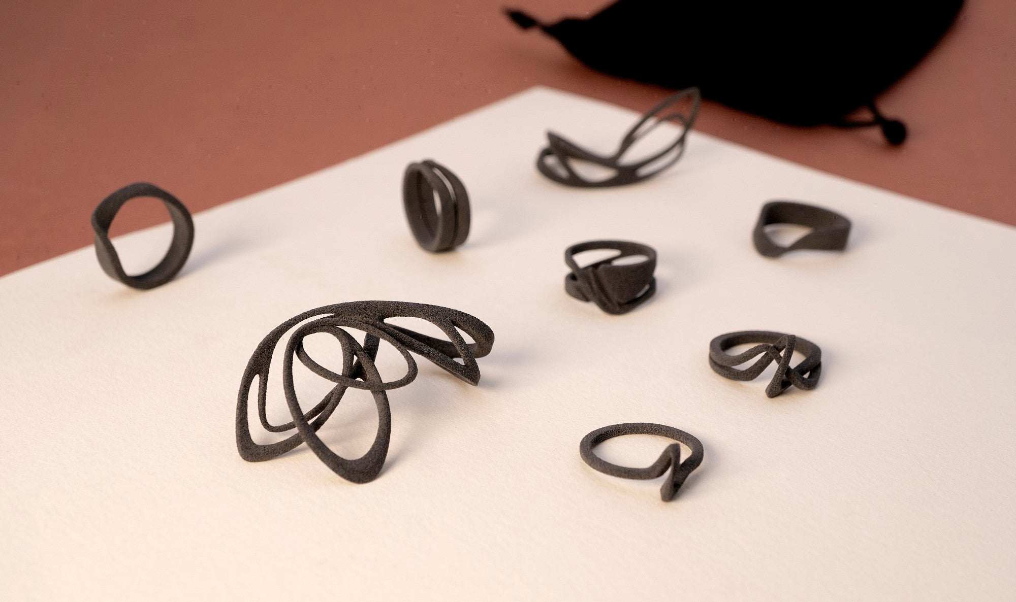 3D printed nylon ring samples showcasing a tech enabled approach to selecting the perfect gift.