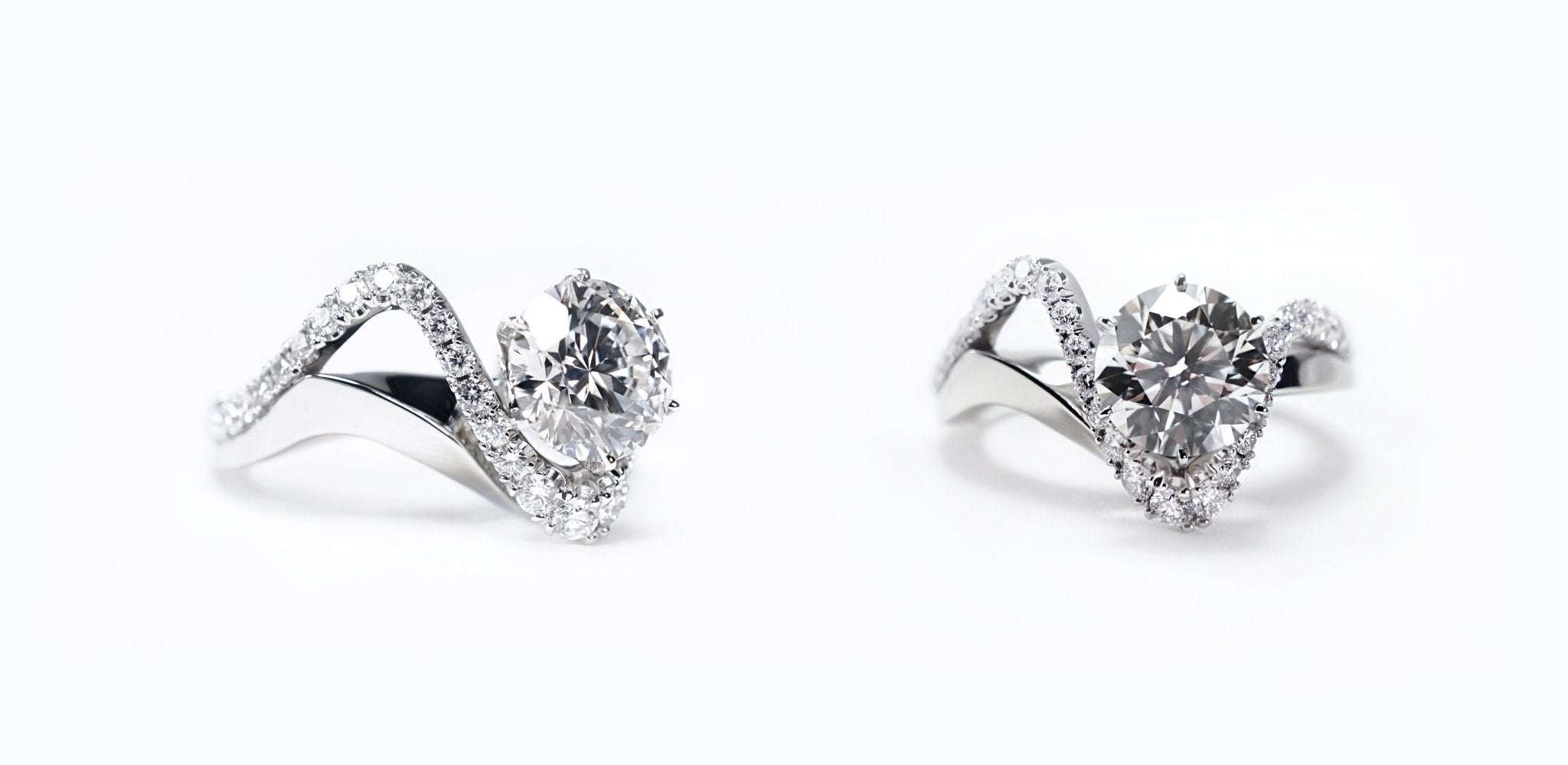 Rhea solitaire diamond ring with asymmetrical curve from 2018 Wedding Ring Collection by LACE Jenny Wu