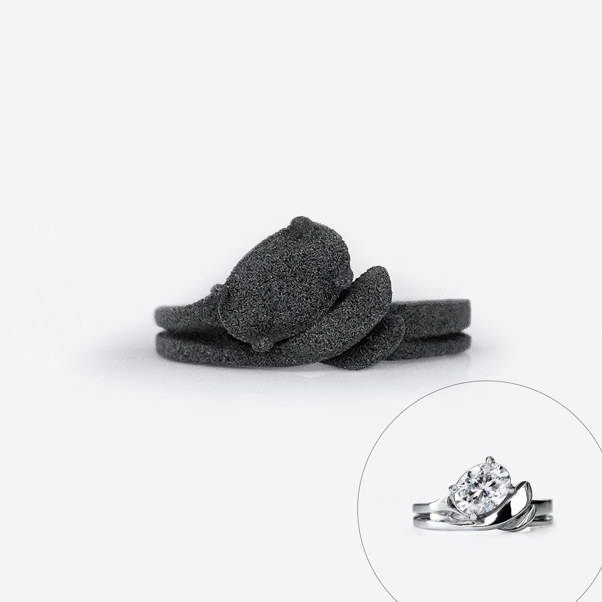 Nylon engagement ring sample from LACE bridal collection showing ring shape and fit with inset photo of full design ring