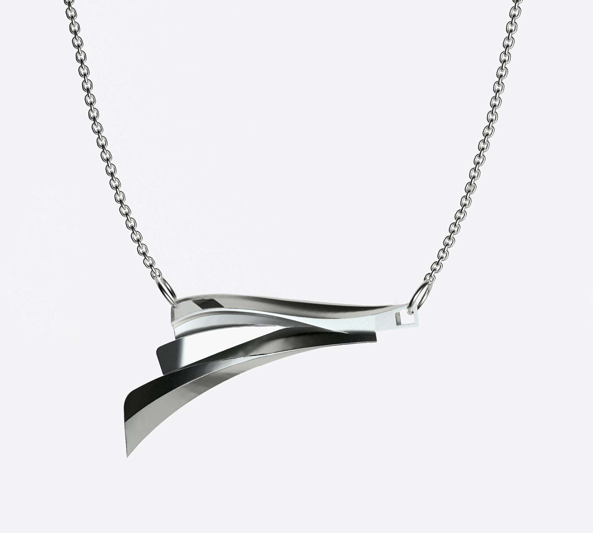 Sterling silver Cascade Pendant with asymmetrical, flowing twisted curves on a 17.75-inch chain