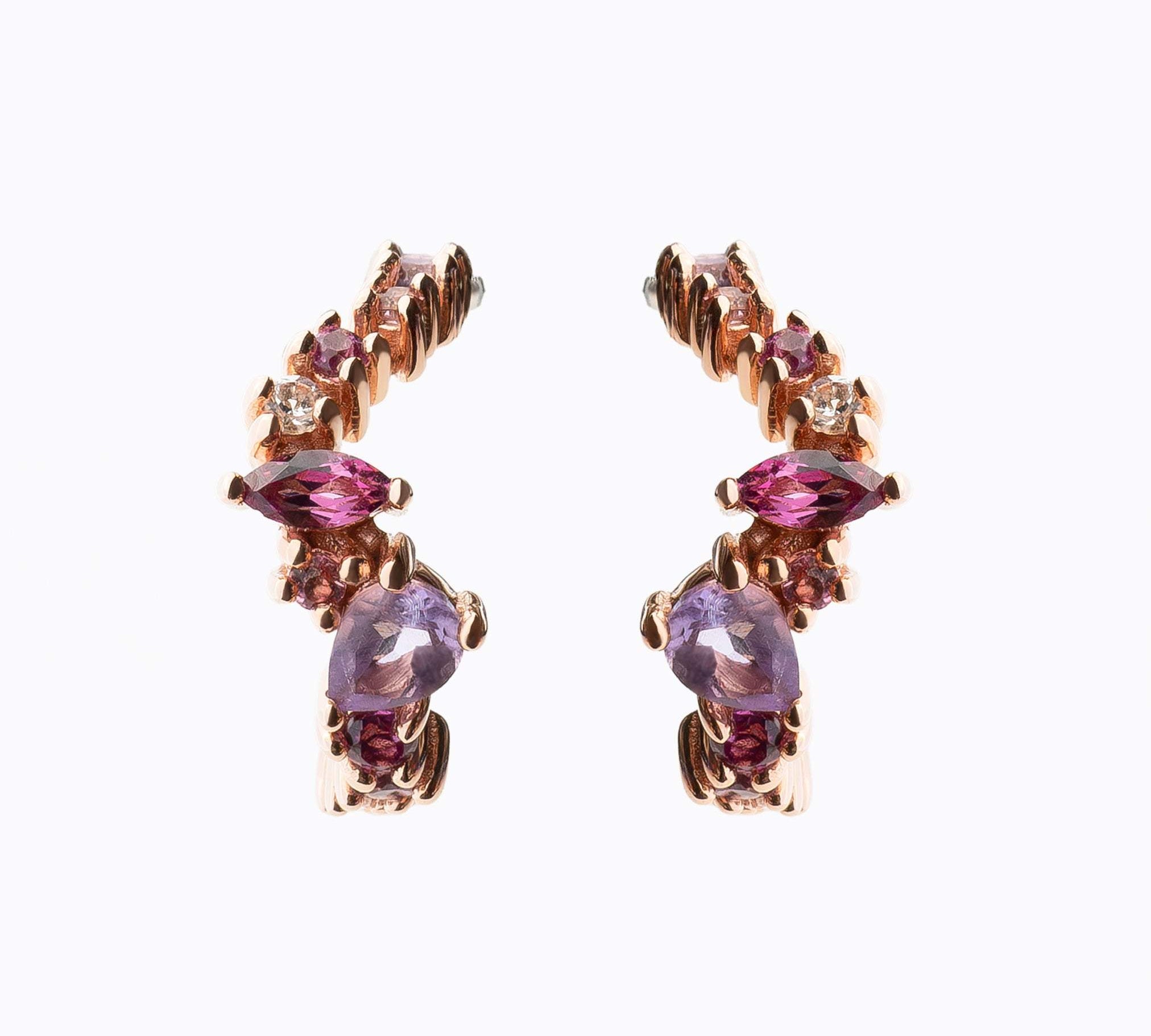 Leda Earrings 18K Rose Gold Vermeil with amethyst, rhodolite, pink tourmaline, and white topaz gemstones in a delicate, healing-inspired hoop design