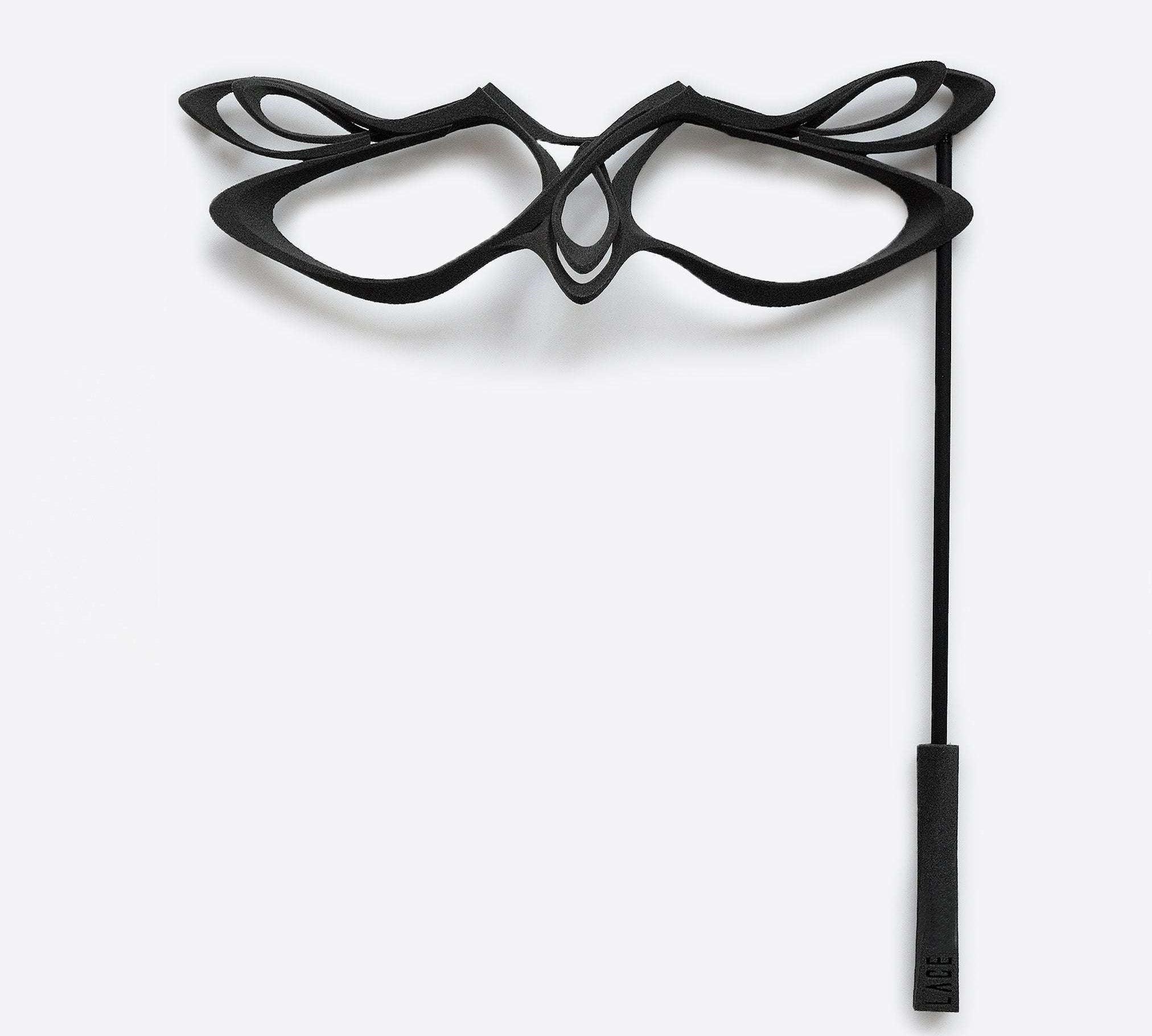 LACE's exquisite 3D-printed gray nylon masquerade mask with intricate linework and precision edge detailing on stick handle