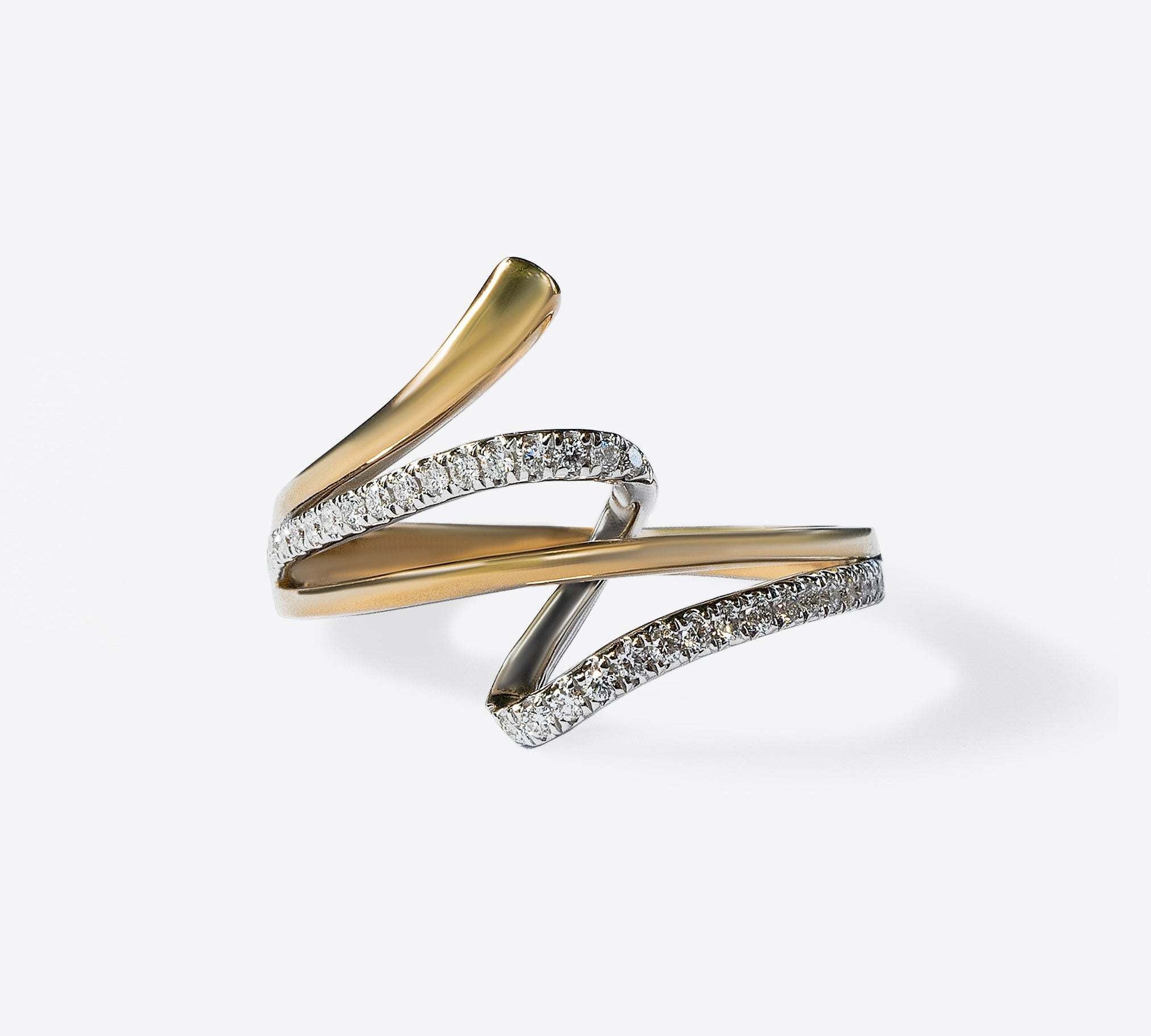 Vina Diamond Ring in 14K yellow and white gold with pave diamonds, unique twisted design